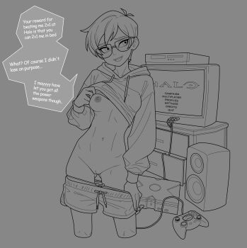1girl :d absurdres breasts clothes_lift clothes_pull commentary controller cropped_legs english_commentary english_text freckles game_console game_controller glasses greyscale halo_(series) highres hood hood_down hoodie hoodie_lift long_sleeves medium_breasts monochrome navel nayt_layt nipples open_mouth original penny_whitmore pussy short_hair shorts shorts_pull small_breasts smile solo teeth television uncensored undressing upper_teeth_only xbox_360