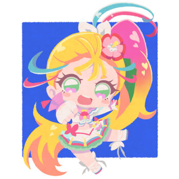 1girl :o absurdres ankle_bow ankle_ribbon blonde_hair blue_background blue_streaks blush_stickers border bow brooch chibi choker clenched_hand commentary crop_top cure_summer earrings elbow_gloves fingerless_gloves flower full_body glove_bow gloves gradient_hair green_eyes hair_flower hair_ornament heart heart_in_eye hibiscus high_side_ponytail highres jewelry leg_up long_hair looking_at_viewer magical_girl midriff multicolored_hair natsuumi_manatsu neckerchief open_mouth otannu_(bkdenta) outside_border outstretched_arms pact_holder pink_bow pink_hair pink_sailor_collar pink_streaks pleated_skirt ponytail pouch precure ribbon sailor_collar shell_brooch shoes side_ponytail simple_background skirt solo standing standing_on_one_leg streaked_hair symbol_in_eye teeth triangle_earrings tropical-rouge!_precure tropical_pact upper_teeth_only very_long_hair white_border white_bow white_choker white_gloves white_neckerchief white_shoes white_skirt