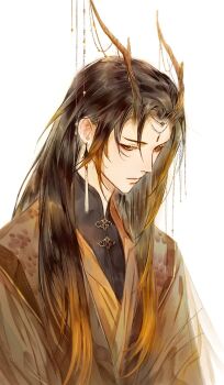 1boy antlers beads black_hair brown_hair chinese_clothes circlet commentary dragon_boy earrings english_commentary eyelashes eyeliner forehead_jewel genshin_impact hair_behind_ear hair_between_eyes half-closed_eyes hanfu highres horn_ornament horns jewelry kkcoocool long_hair long_sleeves looking_away looking_down makeup male_focus multicolored_hair orange_hair simple_background solo streaked_hair toggles upper_body white_background yellow_eyes zhongli_(genshin_impact)