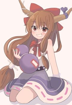 1girl ameshi_(rzuw4482) blush bow brown_horns commentary_request gourd grin hair_bow highres holding holding_gourd horn_ornament horn_ribbon horns ibuki_suika long_hair looking_at_viewer oni orange_hair purple_skirt red_bow ribbon ribbon-trimmed_skirt ribbon_trim shirt sitting skirt smile solo touhou very_long_hair white_shirt