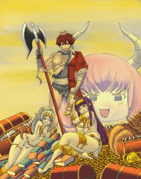 Rule 34 | 1boy, 3girls, absurdres, aura, book, bracelet, breasts, coat, coin, crown, deculture, fern (sousou no frieren), frieren, frown, gold, gold coin, gold hairband, hairband, halberd, helmet, highres, horns, jewelry, large breasts, mimic, mimic chest, multiple girls, muscular, muscular arms, muscular male, navel, pelvic curtain, pink hair, pointy ears, polearm, purple eyes, purple hair, red coat, red hair, short hair, small breasts, smile, sousou no frieren, stark (sousou no frieren), thick thighs, thighs, torn clothes, twintails, weapon, white hair, yukkuri shiteitte ne