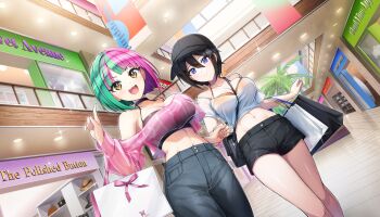 2girls :3 bag baseball_cap black_hair bob_cut breasts casual cleavage closed_mouth crop_top denim denim_shorts diagonal_bangs dolphin_wave game_cg green_hair hat helly_lewis highres holding_hands indoors jeans large_breasts light_blush mall multicolored_hair multiple_girls navel non-web_source official_alternate_costume official_art ootomo_takuji open_mouth pants pink_hair purple_eyes see-through_clothes see-through_shirt shirt shopping shopping_bag shorts smile split-color_hair suminoe_shion two-tone_hair yellow_eyes
