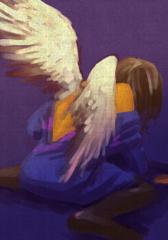 1other angel_wings bare_back black_pantyhose blue_robe broken_leg brown_hair facing_away frisk_(undertale) fuyodo gradient_background kneeling long_sleeves other_focus pantyhose purple_background robe short_hair solo undertale utdr_(toby_fox) white_wings wings