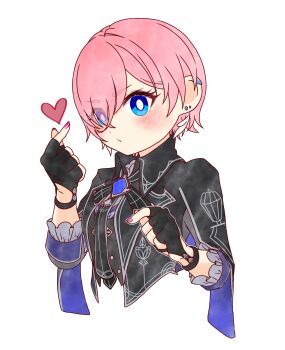 1girl absurdres black_gloves blue_eyes blush closed_mouth commentary_request cropped_torso earrings finger_heart fingerless_gloves fingernails gloves hair_over_one_eye hands_up heart highres hololive jewelry looking_at_viewer nail_polish official_alternate_costume parted_bangs pink_hair pink_nails ringo_21_a short_hair simple_background solo takane_lui takane_lui_(british_gothic) virtual_youtuber white_background