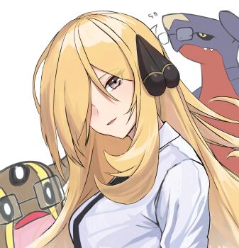 1girl absurdres alternate_costume black_necktie blonde_hair breasts collared_shirt commentary cynthia_(pokemon) dragon english_commentary eyes_visible_through_hair garchomp gastrodon gastrodon_(west) gen_4_pokemon glasses grey_eyes hair_ornament highres long_hair long_sleeves looking_at_viewer necktie nintendo pokemon pokemon_diamond/pearl/platinum sevenninet47503 shark sharp_teeth shirt slug smile solo_focus teeth upper_body very_long_hair white_background white_shirt