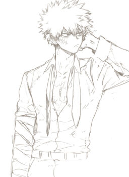 1boy bakugou_katsuki boku_no_hero_academia closed_mouth gemg hand_on_own_face male_focus necktie open_clothes open_shirt scar shirt short_hair solo spiked_hair undone_necktie upper_body white_background