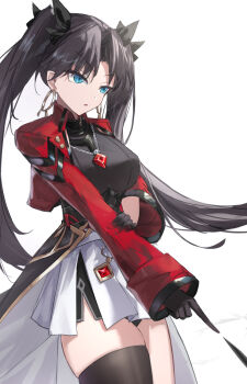 1girl absurdres black_gloves black_hair black_shirt black_thighhighs blue_eyes breasts commentary cowboy_shot earrings fate_(series) gloves hand_on_own_arm highres honkai:_star_rail honkai_(series) hoop_earrings jacket jewelry large_breasts lilin_(pixiv_25958194) long_hair long_sleeves open_clothes open_jacket parted_lips red_jacket rin's_pendant_(fate) shirt simple_background single_thighhigh skindentation skirt solo thighhighs tohsaka_rin tohsaka_rin_(honkai:_star_rail) twintails white_background white_skirt