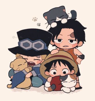 Rule 34 | 3boys, aged down, animal, animal on head, bandaid, bandaid on face, bandaid on forehead, black hair, black hat, black shorts, blonde hair, blue jacket, blush, cat, chibi, chibi only, closed eyes, commentary, facial scar, full body, hand on own hip, hat, highres, jacket, male focus, monkey d. luffy, multiple boys, on head, one piece, open mouth, parted lips, portgas d. ace, red tank top, rii a, sabo (one piece), scar, scar on cheek, scar on face, short hair, shorts, straw hat, symbol-only commentary, tank top