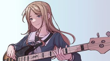 1girl bang_dream! bang_dream!_it&#039;s_mygo!!!!! bass_guitar blue_background blue_eyes blue_shirt brown_hair closed_mouth commentary_request gradient_background grey_neckerchief highres instrument long_hair music nagasaki_soyo neckerchief playing_bass_guitar playing_instrument sailor_collar school_uniform shibadooog shirt smile solo tsukinomori_school_uniform upper_body white_sailor_collar