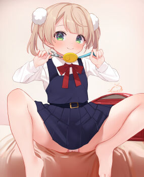 1girl backpack bag barefoot blue_dress bow bowtie brown_hair closed_mouth commentary_request crime_prevention_buzzer crime_prevention_buzzer_threat dress festa11307070 flat_chest green_eyes hair_ornament indie_virtual_youtuber loli long_sleeves looking_at_viewer paid_reward_available panties pantyshot pinafore_dress pom_pom_(clothes) pom_pom_hair_ornament randoseru red_bag red_bow red_bowtie shigure_ui_(vtuber) shigure_ui_(young)_(vtuber) shirt sitting sleeveless sleeveless_dress smile solo spread_legs twintails underwear unworn_backpack unworn_bag variant_set virtual_youtuber white_panties white_shirt