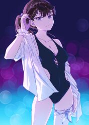 Rule 34 | 1girl, absurdres, arm up, bang dream!, bang dream! it&#039;s mygo!!!!!, black one-piece swimsuit, breasts, brown hair, closed mouth, collarbone, commentary, covered navel, earclip, earrings, eyewear on head, highres, jacket, jewelry, long hair, looking at viewer, medium breasts, mole, mole under eye, official alternate costume, one-piece swimsuit, open clothes, open jacket, ponytail, purple background, purple eyes, raito taisha, see-through, see-through jacket, shiina taki, single off shoulder, solo, stud earrings, sunglasses, swimsuit, white jacket, wrist cuffs