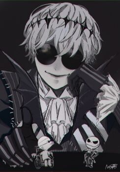 ascot black_crown black_gloves closed_mouth crown dr._finkelstein formal_clothes gloves hair_between_eyes holding jack_skellington jacket long_sleeves looking_at_viewer male_focus mashiru_(5prrtjtyh6zmgpw) multiple_boys pants patchwork_clothes pinstripe_jacket pinstripe_pants pinstripe_pattern pinstripe_suit pinstripe_vest round_eyewear short_hair simple_background skeleton skeleton_print skully_j._graves smile solo stitches striped_clothes striped_jacket striped_vest suit sunglasses the_nightmare_before_christmas twisted_wonderland vertical-striped_clothes vertical-striped_vest vest white_hair