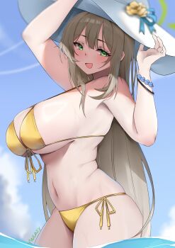 1girl absurdly_long_hair absurdres bikini blonde_hair blue_archive blush commentary from_side green_eyes green_halo halo hat highres long_hair navel nonomi_(blue_archive) nonomi_(swimsuit)_(blue_archive) official_alternate_costume open_mouth solo stomach sun_hat swimsuit very_long_hair white_hat yanwulazy yellow_bikini