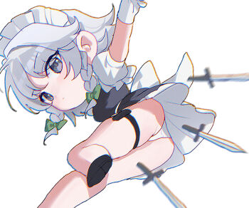 1girl apron back_bow bad_anatomy bad_leg black_shoes blue_eyes bow braid chibi chibi_only chromatic_aberration closed_mouth gloves green_bow grey_hair hair_bow izayoi_sakuya knife long_hair looking_at_viewer maid maid_headdress panties pantyshot puffy_short_sleeves puffy_sleeves sarukana shoes short_sleeves simple_background thigh_sheath thigh_strap touhou twin_braids underwear upskirt waist_apron white_background white_bow white_gloves white_panties