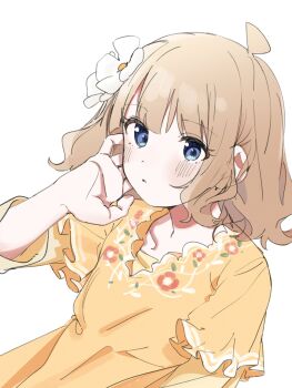 1girl ahoge blue_eyes blush brown_hair collar collarbone commentary dress floral_print flower frilled_collar frilled_sleeves frills hair_flower hair_ornament hand_on_own_face highres idolmaster idolmaster_million_live! image_sample long_sleeves looking_at_viewer meeeeeeco359 short_hair simple_background suou_momoko twitter_sample upper_body wavy_hair white_background white_flower yellow_dress