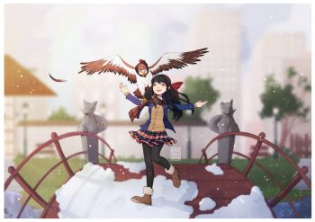 Rule 34 | 1girl, alternate costume, artist name, blue hair, boots, breasts, bridge, closed eyes, fingerless gloves, gloves, hair ribbon, happy, highres, legs, long hair, mamahaha, nakoruru, official alternate costume, open mouth, pants, pantyhose, ribbon, river, samurai spirits, scarf, school uniform, skirt, small breasts, smile, snk, snow, snowing, the king of fighters, the king of fighters xiv, thighs, water