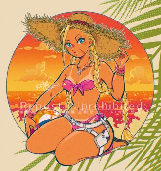 1girl absurdres artist_name ball bare_shoulders beachball belt bikini blonde_hair blue_eyes bracelet braid breasts cammy_white cleavage facial_scar full_body hand_on_headwear hat highres jewelry kneeling koberakobe long_hair medium_breasts midriff navel necklace ocean palm_leaf parted_lips pink_bikini pink_sandals sandals scar scar_on_cheek scar_on_face solo straw_hat street_fighter street_fighter_6 sunlight swimsuit tan tanline twin_braids white_belt