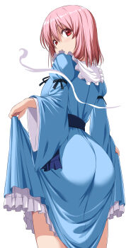 Rule 34 | 1girl, :o, absurdres, ass, blue dress, commentary request, dress, from behind, highres, long sleeves, looking at viewer, no headwear, nori tamago, pink hair, red eyes, saigyouji yuyuko, simple background, solo, standing, thighs, touhou, white background, wide sleeves