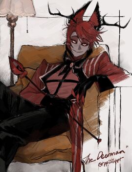 1boy alastor_(hazbin_hotel) antlers deer_antlers deer_boy demon_boy evil_grin evil_smile formal_clothes grin hashtag-only_commentary hazbin_hotel hellaverse highres horns looking_at_viewer male_focus monocle red_hair red_suit sharp_teeth smile solo suit teeth tppiiiiqqt