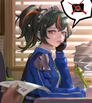 1girl bangboo_(zenless_zone_zero) black_gloves black_hair blue_jacket breasts chair closed_mouth collared_shirt commentary_request cup disposable_coffee_cup disposable_cup flying_sweatdrops gloves green_necktie hair_between_eyes hairband hand_on_own_cheek hand_on_own_face highres holding holding_paper holding_pen huwalli indoors jacket long_hair long_sleeves looking_at_viewer medium_breasts metal_hairband multicolored_hair necktie open_clothes open_jacket orange_eyes paper paper_stack pen police police_uniform policewoman ponytail red_hair shirt sidelocks single_glove sitting solo_focus streaked_hair upper_body white_shirt window window_blinds zenless_zone_zero zhu_yuan