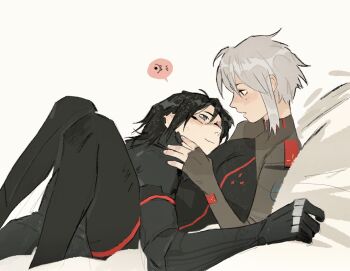 2girls ariane_yeong black_hair closed_mouth commentary cuddling elster_(signalis) english_commentary grey_hair highres knees_up looking_at_another lying multiple_girls on_back open_mouth runhorserun short_hair sidelocks signalis simple_background smile speech_bubble yellow_background yuri