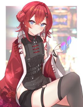 1girl absurdres ange_katrina ange_katrina_(china_dress) belt black_ribbon black_shorts blue-tinted_eyewear blue_eyes blurry blurry_background blush border breasts chain china_dress chinese_clothes commentary_request crossed_bangs double-parted_bangs dress feet_out_of_frame floral_print_jacket gradient-tinted_eyewear grey_belt grey_dress grey_thighhighs hair_between_eyes hair_bun hair_intakes hair_ornament hand_up highres holding holding_removed_eyewear jacket long_sleeves looking_at_viewer multiple_belts nail_polish nijisanji nishiki_yuno o-ring o-ring_thigh_strap open_clothes open_jacket outside_border pankou purple-tinted_eyewear red_hair red_jacket red_nails ribbon round_eyewear short_dress shorts shoulder_tattoo side_slit single_off_shoulder sleeveless sleeveless_dress small_breasts solo tassel tassel_hair_ornament tattoo thigh_strap thighhighs tinted_eyewear unworn_eyewear virtual_youtuber white_border wrist_ribbon x_hair_ornament