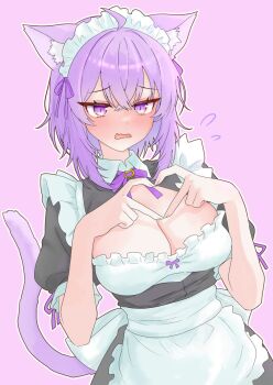 1girl animal_ears black_dress blush breasts cat_ears cat_girl cat_tail cleavage cleavage_cutout clothing_cutout dress four-finger_heart_hands heart heart_hands highres hololive large_breasts maid maid_headdress nekomata_okayu purple_background purple_eyes purple_hair purple_tail simple_background solo tail upper_body virtual_youtuber warg_game
