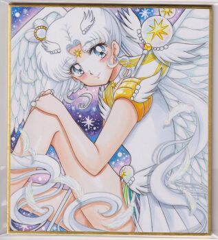 Rule 34 | 1girl, bare arms, bare legs, bishoujo senshi sailor moon, bishoujo senshi sailor moon stars, blue eyes, blush, brooch, chikoto (kztc4472), choker, commentary, double bun, earrings, facial mark, feathered wings, feathers, forehead mark, from side, hair bun, hair ornament, heart hair bun, highres, jewelry, leaning forward, leotard, long hair, looking at viewer, looking to the side, magical girl, night, outdoors, own hands together, parted bangs, photo (medium), picture frame, pleated skirt, ring, sailor collar, sailor cosmos, short sleeves, sidelocks, sitting, skirt, sky, smile, solo, star (sky), star (symbol), star brooch, star choker, star facial mark, starry sky, traditional media, triple horizontal stripe, turning head, twintails, very long hair, waist brooch, white choker, white feathers, white hair, white leotard, white sailor collar, white skirt, white wings, wing brooch, winged hair ornament, winged wand, wings