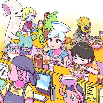 1girl 3boys 4others :t alien apron bandana black_hair blonde_hair blue_shirt bowl bright_pupils brown_eyes chopsticks cup drinking_glass eating extra_mouth food formal_clothes hashtag-only_commentary highres holding holding_chopsticks humanoid_robot lips multiple_boys multiple_others necktie noodles object_on_head original pinstripe_pattern pinstripe_suit ponytail ramen red_necktie restaurant robot shirai_keita shirt short_sleeves sleeveless stool suit table tentacle_hair tentacles white_pupils yellow_shirt