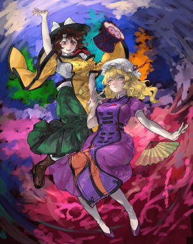 2girls absurdres arm_up black_hat blonde_hair blue_background boots bow breasts brown_boots brown_eyes brown_hair collared_shirt commentary_request cosplay dress drum folding_fan gonglijeongli green_skirt hand_fan hat hat_bow highres instrument large_breasts long_hair maribel_hearn matara_okina matara_okina_(cosplay) mob_cap multiple_girls necktie open_mouth outstretched_arms pleated_skirt purple_dress purple_shoes purple_tabard reaching reaching_towards_another red_background red_necktie red_ribbon ribbon shirt shoes short_sleeves skirt smile socks tabard touhou twitter_username two-tone_background usami_renko white_bow white_hat white_shirt white_socks yakumo_yukari yakumo_yukari_(cosplay) yellow_eyes yellow_tabard