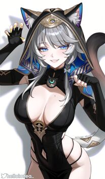1girl adapted_costume animal_ear_fluff animal_ears artist_name black_dress black_gloves black_shrug blue_eyes breasts cat_ears cat_girl cat_tail cipher_(honkai:_star_rail) claw_pose cleavage clothing_cutout commentary cowboy_shot dress ears_through_hood elbow_gloves fingerless_gloves fingernails gloves grey_hair grin hands_up helloimtea highres honkai:_star_rail honkai_(series) hooded_shrug large_breasts long_fingernails looking_at_viewer medium_hair mole mole_on_breast nail_polish navel navel_cutout paid_reward_available patreon_username sharp_fingernails shrug_(clothing) sideless_dress simple_background smile solo tail thighs twitter_username white_background yellow_nails