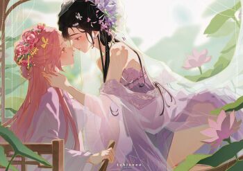 2girls alien_stage alternate_costume black_hair commentary dress english_commentary flower from_side hair_flower hair_ornament highres long_hair lotus mizi_(alien_stage) multiple_girls pink_flower pink_hair pink_rose purple_dress purple_flower rose sua_(alien_stage) tokitokiee very_long_hair yuri