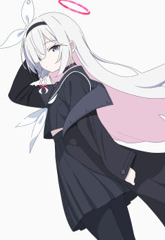 1girl absurdres arm_up black_choker black_coat black_hairband black_pantyhose black_sailor_collar black_shirt black_skirt blue_archive cel_shading choker closed_mouth coat colored_inner_hair commentary_request cowboy_shot expressionless grey_eyes hair_over_one_eye hair_ribbon hairband halo highres jie-se_(kuai_mian_biao) long_hair long_sleeves looking_at_viewer midriff_peek multicolored_hair neckerchief off_shoulder one_eye_covered open_clothes open_coat pantyhose pink_hair plana_(blue_archive) pleated_skirt red_pupils ribbon sailor_collar shirt simple_background skirt solo standing white_background white_hair white_neckerchief white_ribbon