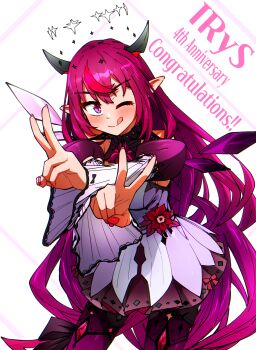 Rule 34 | 1girl, ;q, asymmetrical wings, black halo, black wings, blush, breasts, brooch, character name, commentary request, contrapposto, cross-shaped pupils, crossed wrists, crystal wings, ddolbang, detached sleeves, double v, dress, gradient hair, halo, highres, hololive, hololive english, horns, irys (hololive), irys (irys 2.0) (hololive), jewelry, juliet sleeves, korean commentary, long hair, long pointy ears, long sleeves, looking at viewer, medium breasts, miniskirt, multicolored hair, multiple halos, nail polish, one eye closed, pink eyes, pink hair, pink nails, pointy ears, puffy sleeves, purple hair, purple thighhighs, red streaks, short dress, skirt, skirt under dress, solo, streaked hair, symbol-shaped pupils, thighhighs, tongue, tongue out, v, very long hair, virtual youtuber, white dress, white halo, white sleeves, white wings, wings