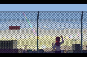 1girl animated animated_gif backlighting bird blue_sky brown_hair building chain-link_fence city evening fence from_behind kuuchuu_roukaku lens_flare letterboxed long_sleeves looping_animation original outdoors pixel_art power_lines sailor_collar school_uniform serafuku shirt sky solo sun sunset white_shirt wind yellow_sky