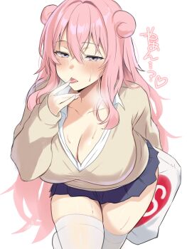 animal_ears blue_skirt blush borrowed_character breasts brown_sweater cleavage crossed_bangs finger_to_mouth gen_1_pokemon gyaru gyaru_slowpoke_(shin_no_tenpii) hair_between_eyes heart highres holding holding_pillow japanese_text large_breasts leaning_forward licking_finger long_hair messy_hair miniskirt nintendo open_mouth personification pillow pink_hair pink_nails pokemon purple_eyes shirt skirt slowpoke standing sweat sweater thighhighs tongue tongue_out usada_mimiz white_background white_shirt white_thighhighs yes-no_pillow