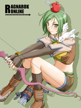 1girl 2000s_(style) animal animal_on_shoulder apple_on_head arrow_(projectile) arrow_through_apple black_nails boots bow_(weapon) breasts brown_boots brown_shirt brown_skirt closed_mouth commentary_request copyright_name crop_top drop_shadow elbow_gloves ferret fingerless_gloves fingernails full_body gloves green_eyes green_hair grey_gloves grey_socks holding holding_bow_(weapon) holding_weapon hunter_(ragnarok_online) kakitsubata_(ashi_ga_chi_ni_tsukanai) looking_at_viewer medium_breasts midriff miniskirt multicolored_shirt navel quiver ragnarok_online shirt short_hair short_shorts short_sleeves shorts shorts_under_skirt simple_background sitting skirt smile socks solo weapon