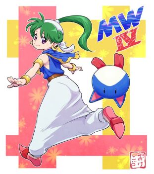 1girl armlet asha_(monster_world) asha_in_monster_world baggy_pants bracelet capelet creature earrings english_text facing_to_the_side gold_armlet green_hair harem_pants headscarf hoop_earrings jewelry looking_at_viewer looking_back monster monster_world monster_world_iv okeko outstretched_arms pants pepelogoo pink_shoes pointy_shoes ponytail purple_eyes running shoes signature simple_background smile title waistband wonder_boy