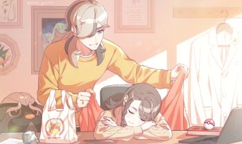 1boy 1girl aged_up arven_(pokemon) book braid brown_hair closed_eyes coat computer covering_with_blanket green_eyes hair_over_one_eye head_on_table jewelry juliana_(pokemon) laptop light_brown_hair long_hair mabosstiff meowscarada multicolored_hair nintendo poke_ball poke_ball_(basic) pokemon pokemon_sv ring side_braid sleeping slice_of_life smile sweater ttnk_gc19 wedding_ring white_coat