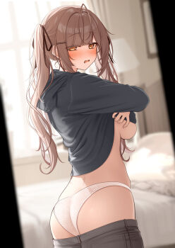 1girl ass blurry blurry_background blush breasts brown_eyes brown_hair brown_ribbon commentary commentary_request english_commentary from_side hair_ornament hair_ribbon hairclip highres imouto-chan_(monaka_curl) large_breasts long_hair long_sleeves looking_at_viewer mixed-language_commentary monaka_curl open_mouth original paid_reward_available panties ribbon solo twintails underwear undressing white_panties