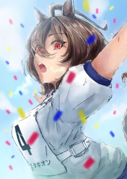 1girl absurdres agnes_tachyon_(umamusume) ahoge animal_ears brown_hair confetti eyes_visible_through_hair hair_between_eyes highres himisana_1337 horse_ears horse_girl huge_ahoge open_mouth puffy_short_sleeves puffy_sleeves race_bib racing red_eyes shirt short_hair short_sleeves solo teeth umamusume upper_teeth_only white_shirt