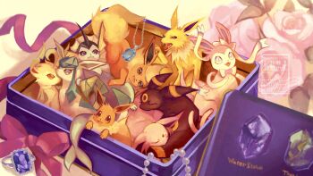 Rule 34 | :3, absurdres, animal focus, black eyes, blue eyes, blue gem, blurry, blurry foreground, bow, bowtie, brown eyes, closed eyes, ear bow, eevee, english text, espeon, evolution stone, evolutionary line, evolutionary stone, facial mark, fangs, flareon, flower, forehead mark, gem, gen 1 pokemon, gen 2 pokemon, gen 4 pokemon, gen 6 pokemon, glaceon, happy, highres, jewelry, jolteon, leafeon, looking at viewer, lying, neck fur, necklace, nintendo, no humans, on back, on side, open mouth, orange eyes, ornate ring, pearl necklace, pink bow, pink bowtie, pink flower, pink ribbon, pink rose, pokemon, pokemon (creature), purple eyes, purple gem, red bow, red ribbon, ribbon, ring, rose, sharp teeth, sitting, sleeping, smile, sylveon, teeth, thunder stone, tin (container), tongue, tongue out, u u, umbreon, vaporeon, water stone, watermark, yuhata (yuh4t4)