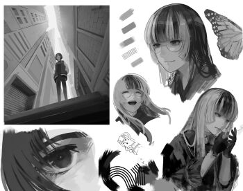 Rule 34 | 2girls, absurdres, blunt bangs, building, butterfly wings, choker, cigarette, closed mouth, cropped shoulders, dress, floating hair, from below, glasses, gloves, greyscale, hands in pockets, haniwa (statue), highres, hiodoshi ao, holding, holding lighter, hololive, hololive dev is, insect wings, jacket, juufuutei raden, juufuutei raden (1st costume), lace, lace choker, letterman jacket, lighter, lighting cigarette, long hair, looking at viewer, monochrome, mouth hold, multicolored hair, multiple girls, multiple views, open clothes, open jacket, open mouth, pants, perspective, round eyewear, seki 31 (artist), short hair, smile, smoking, standing, streaked hair, two-tone hair, upper body, virtual youtuber, wings