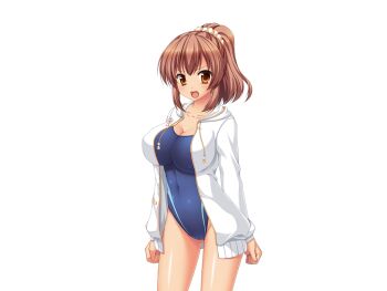 1girl aomi_riru blue_one-piece_swimsuit blush breasts brown_eyes brown_hair cleavage collarbone covered_navel cowboy_shot game_asset hair_between_eyes hood hoodie jacket large_breasts large_variant_set non-web_source official_art one-piece_swimsuit open_clothes open_jacket open_mouth ponytail school_swimsuit self-datamine sidelocks simple_background solo standing swimsuit tachi-e tan toriumi_hinata transparent_background v-shaped_eyebrows variant_set white_hoodie yumemi_ga_cheek!