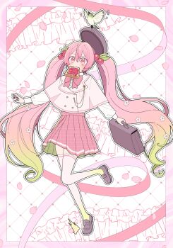 1girl absurdres alternate_costume bag bird blonde_hair blush border bow bowtie bread bread_slice capelet cherry_blossoms cherry_hair_ornament commentary falling_petals flower food food-themed_hair_ornament food_in_mouth full_body gradient_eyes gradient_hair gradient_thighhighs hair_between_eyes hair_flower hair_ornament hat hat_loss hatsune_miku highres holding holding_bag jam leg_up loafers long_hair long_sleeves looking_at_viewer mishio_(misio_40) mouth_hold multicolored_eyes multicolored_hair outline outside_border petals pink_border pink_bow pink_bowtie pink_capelet pink_eyes pink_hair pink_ribbon pink_skirt pleated_skirt puffy_long_sleeves puffy_sleeves ribbon sakura_miku school_bag school_uniform shirt shoes sidelocks skirt solo standing standing_on_one_leg sweatdrop thighhighs toast toast_in_mouth tripping twintails two-sided_fabric two-sided_skirt two-tone_eyes two-tone_hair variant_set very_long_hair vocaloid white_outline white_shirt white_thighhighs yellow_eyes yellow_thighhighs zettai_ryouiki