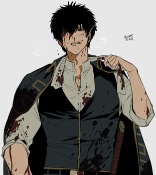 1boy absurdres arm_up black_eyes black_hair black_vest blood blood_on_clothes blood_on_face blood_splatter cigarette collared_shirt commentary_request dated gintama grey_background highres hijikata_toushirou holding jacket jacket_on_shoulders looking_at_viewer male_focus open_collar shinsengumi_(gintama) shirt short_hair simple_background smoke smoke_trail smoking solo teeth vest white_shirt xi_hsi