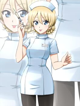 1girl :p black_pantyhose blonde_hair blue_eyes braid character_name closed_mouth commentary cowboy_shot darjeeling_(girls_und_panzer) dress girls_und_panzer hat high_collar highres holding holding_syringe looking_at_viewer name_tag nurse nurse_cap omachi_(slabco) pantyhose pencil_dress short_dress short_hair short_sleeves smile solo standing syringe tongue tongue_out translated twin_braids white_dress zoom_layer