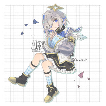 1girl :o amane_kanata amane_kanata_(1st_costume) angel_wings armband black_boots black_skirt blue_eyes blue_hair blue_socks boots colored_inner_hair feathered_wings frilled_skirt frilled_sleeves frills full_body grey_hair grey_jacket halo head_tilt highres hololive jacket looking_to_the_side mizutama_(32mz_k) multicolored_hair open_mouth own_hands_together plaid_clothes plaid_socks sailor_collar short_hair sidelocks single_hair_intake sitting skirt socks solo star_halo turtleneck twitter_username two-tone_hair virtual_youtuber watermark white_background white_sailor_collar white_wings wings yellow_armband