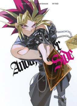 1boy absurdres black_hair black_nails black_shirt blonde_hair card cowboy_shot fingerless_gloves gloves highres holding holding_card male_focus medium_hair millennium_puzzle multicolored_hair purple_eyes purple_hair shirt simple_background solo spiked_hair trading_card uuu_ygo white_background yami_yugi yu-gi-oh! yu-gi-oh!_duel_monsters