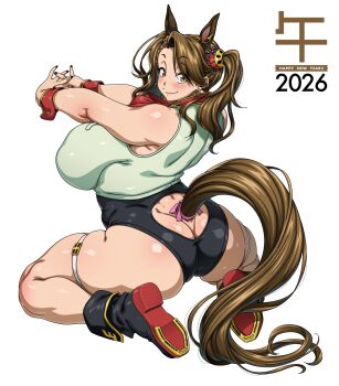 2026 adapted_costume animal_ears ass asymmetrical_bangs black_boots boots breasts chinese_zodiac commentary_request full_body gundam gundam_build_fighters gundam_build_fighters_try highres horse_ears horse_tail horseshoe huge_ass huge_breasts jun_(rojiura_jack) kneeling leotard looking_at_viewer sazaki_kaoruko simple_background skindentation sleeveless smile solo stretching tail thick_thighs thigh_strap thighs twintails white_background